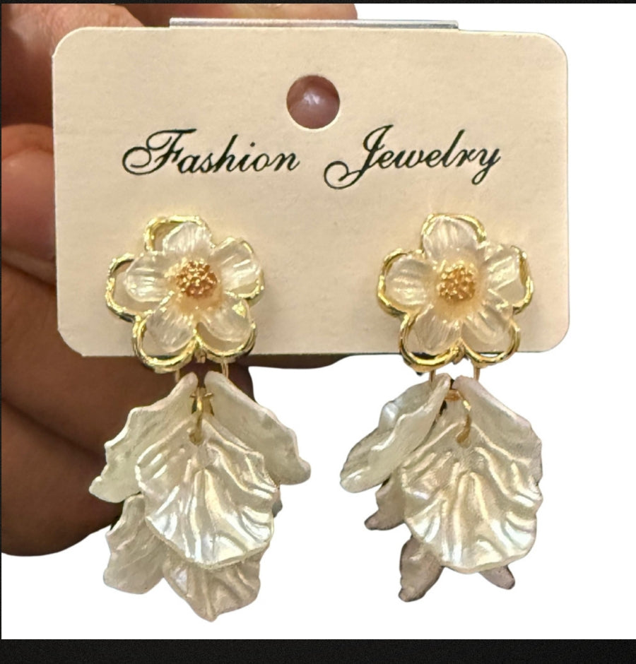 White pearl Blossom Drop Earrings